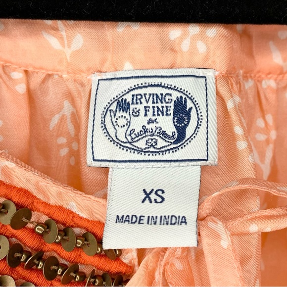 Irving & Fine Silk Blouse  Peach BoHo Style with Sequins and Beads XS - Picture 4 of 8